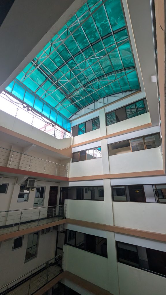 Blue atrium at a Mombasa guesthouse